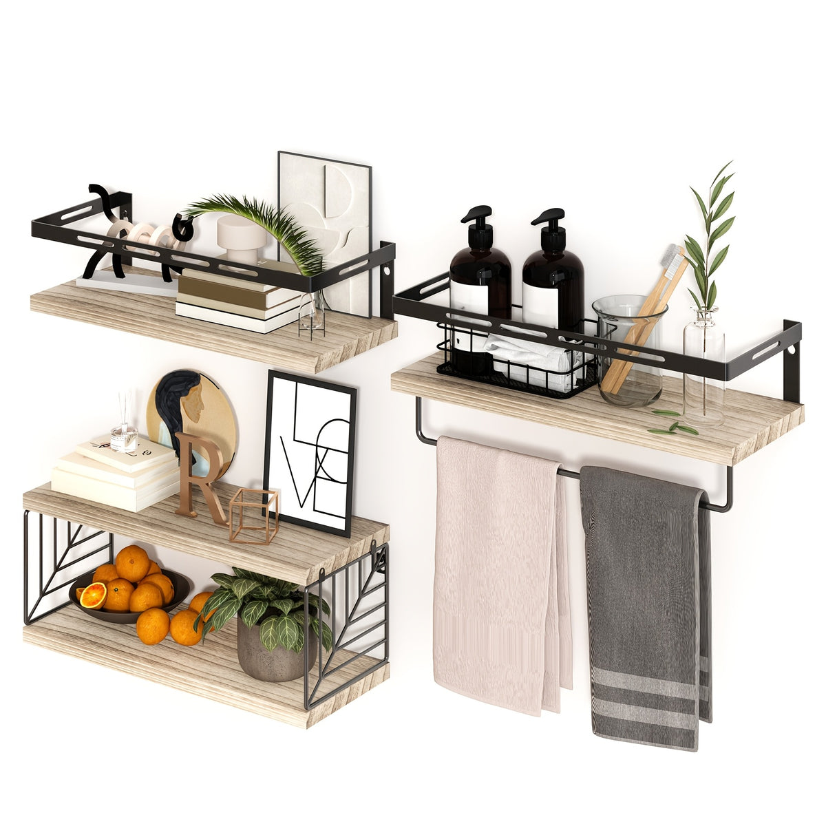 TOMNK 3+1 Tier Wall-Mounted Shelf with Black Metal Guardrails and Storage Baskets, Sturdy and Durable, Space-Saving, Multi-Functional Home Decor, Suitable for Kitchen, Bathroom, Bedroom, Living Room, Small Indoor Spaces, Wall Decoration