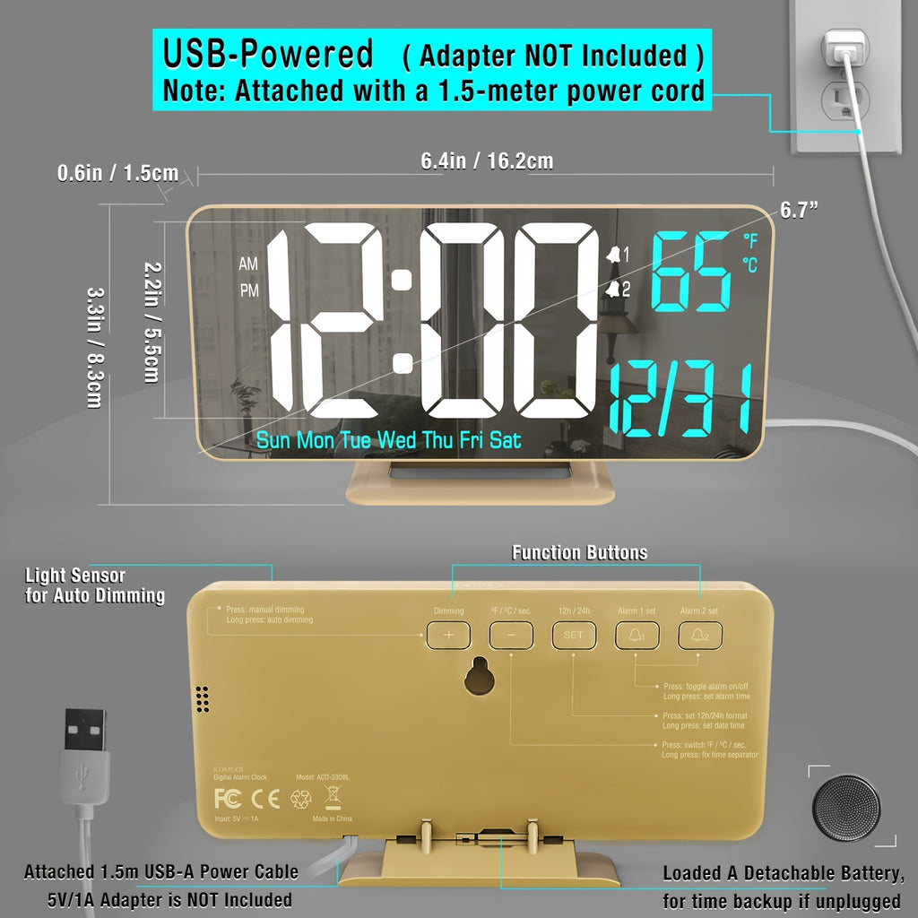 1pc Komugi Large 6.7" Golden Digital Alarm Clock with Dual Alarm, Dimmable LED Display, Temperature/Humidity-like (No Hygrometer), Date/Day of Week, USB-Powered Modern Desk Clock for Bedside, Living Room, Office - LCD Screen