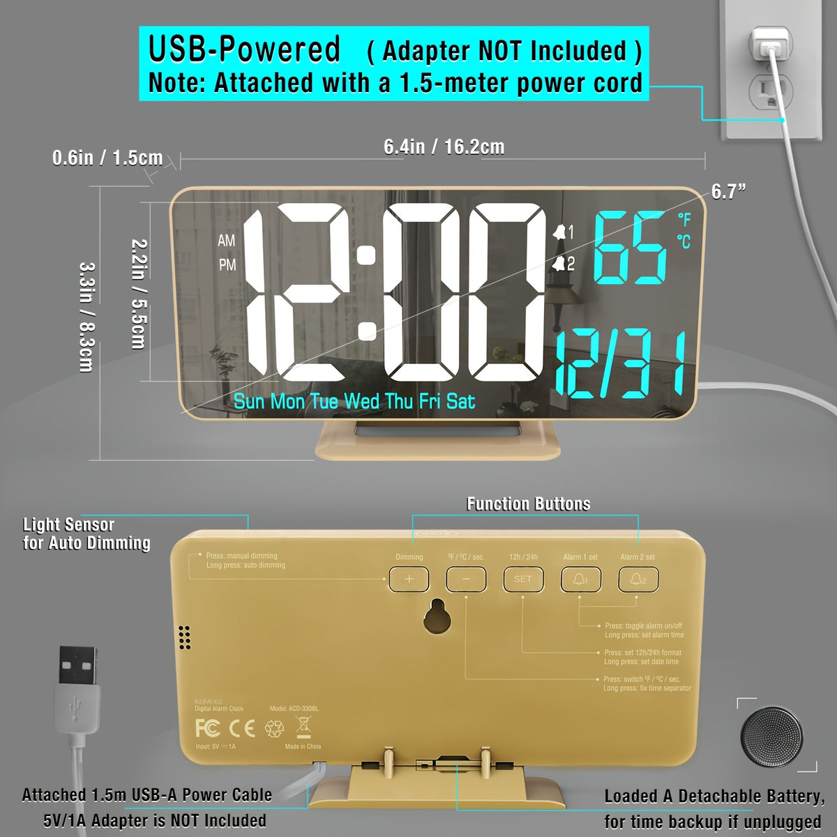 1pc Komugi Large 6.7" Golden Digital Alarm Clock with Dual Alarm, Dimmable LED Display, Temperature/Humidity-like (No Hygrometer), Date/Day of Week, USB-Powered Modern Desk Clock for Bedside, Living Room, Office - LCD Screen