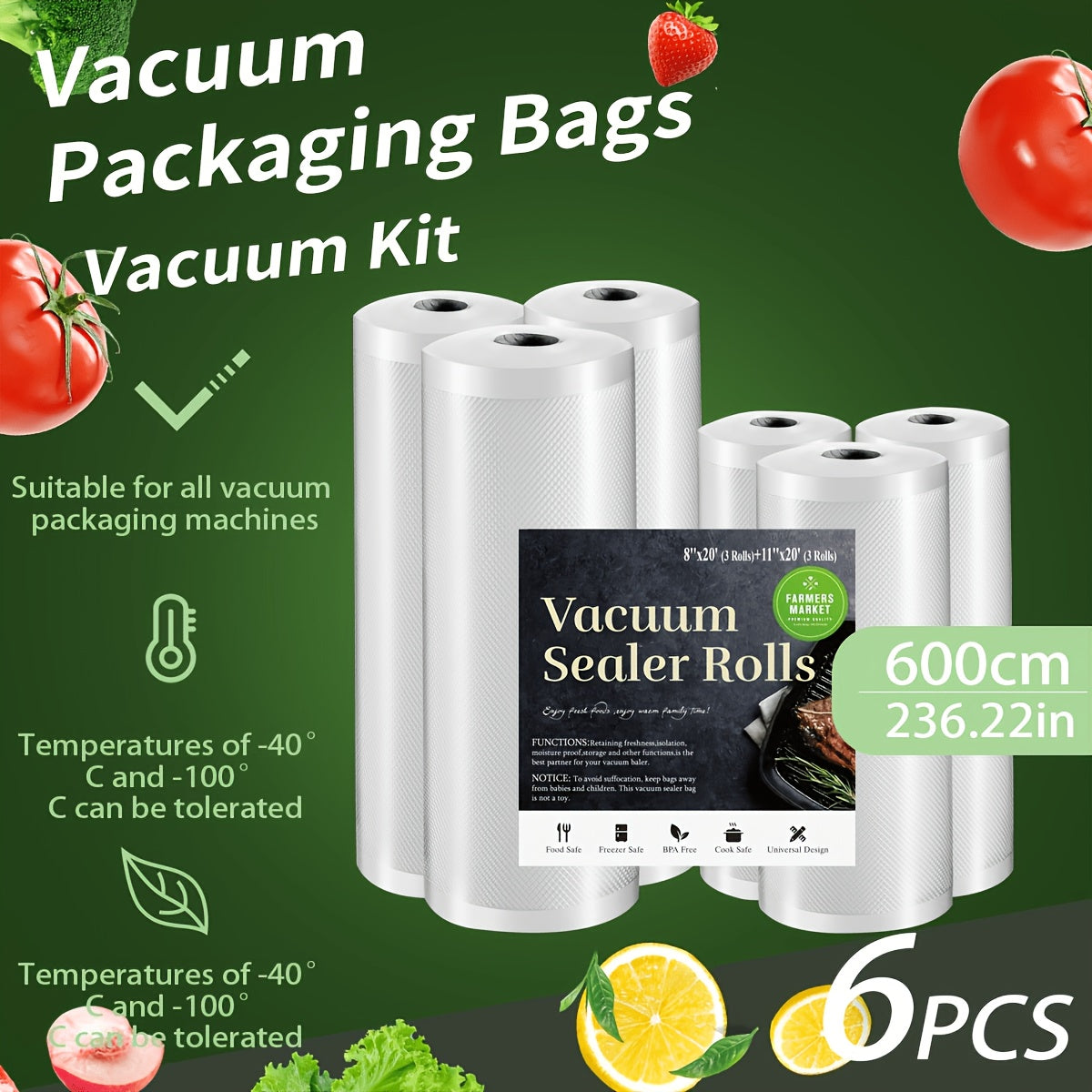 6 Count Food Vacuum Sealer Bags Multipack Self-Cut, 3 Rolls 11"X 20'+ 3 Rolls 8"X 20' | 6 Pack, Thick Embossed Roll Bags for Dry/Moist Airtight Food Storage, Meal Prep And Sous Vide, Commercial Grade Heavy Duty Seal Food Vac Bags
