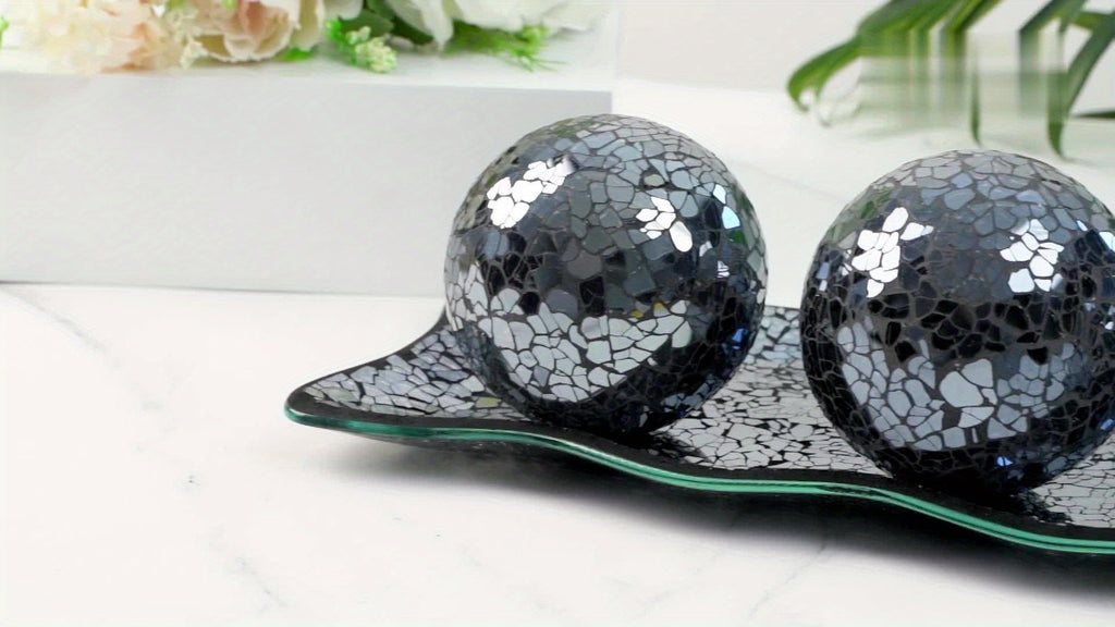 Decorative Glass Balls with Tray, 3-Piece 3-Inch Sphere Set and Glass Display Tray for Coffee Table Centerpieces, Dining Room and Living Room Decor