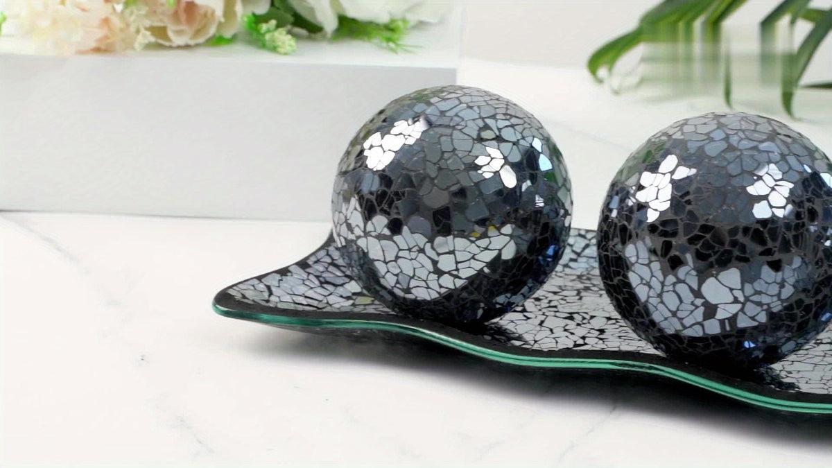Decorative Glass Balls with Tray, 3-Piece 3-Inch Sphere Set and Glass Display Tray for Coffee Table Centerpieces, Dining Room and Living Room Decor