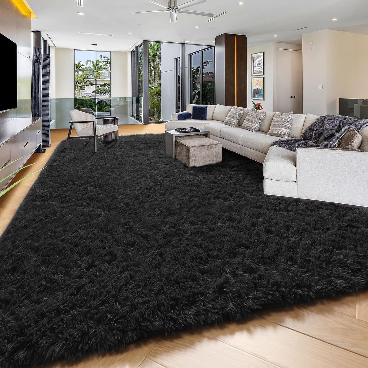 Extra Large Fluffy Shaggy Rug Suitable for Living Room Bedroom Carpet - Plush Soft Modern with Shag Carpet, Machine Washable Black Fuzzy Rug Suitable for Playroom,, Cozy Indoor Decor for Christmas Gift