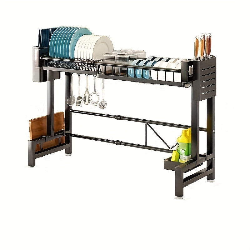 1pc Countertop Dish Rack & Drain Tray Extendable Kitchen Sink Shelf Dish Holder & Drain Rack Black Kitchen Storage Rack