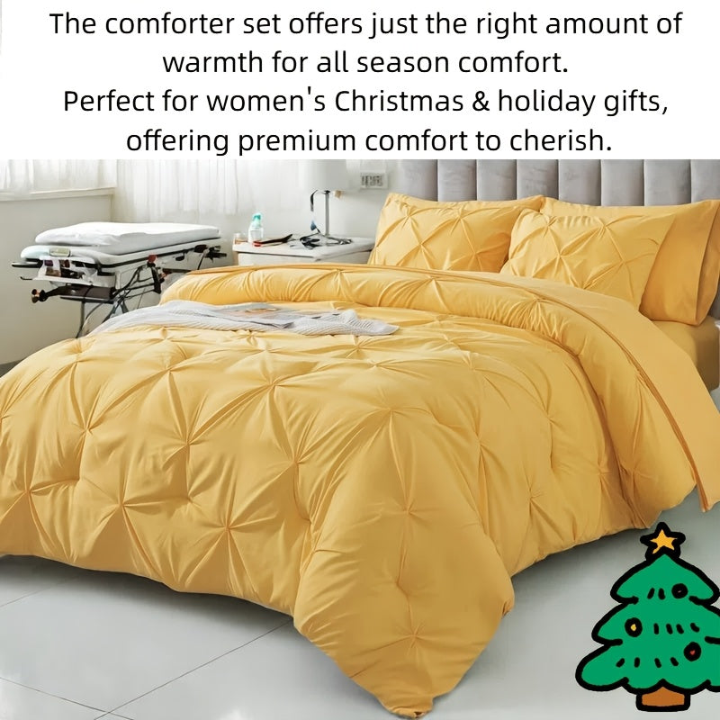 Cosybay 7 Piece Pinch Pleated Comforter Set Queen King Size, Luxury Soft Fluffy Bedding Includes 1 Comforter, 1 Extra Deep Pocket Fitted Sheet, 1 Flat Sheet, 4 Pillowcases & Pillow Covers, Perfect for Halloween Party, Holiday Celebrations & Birthday