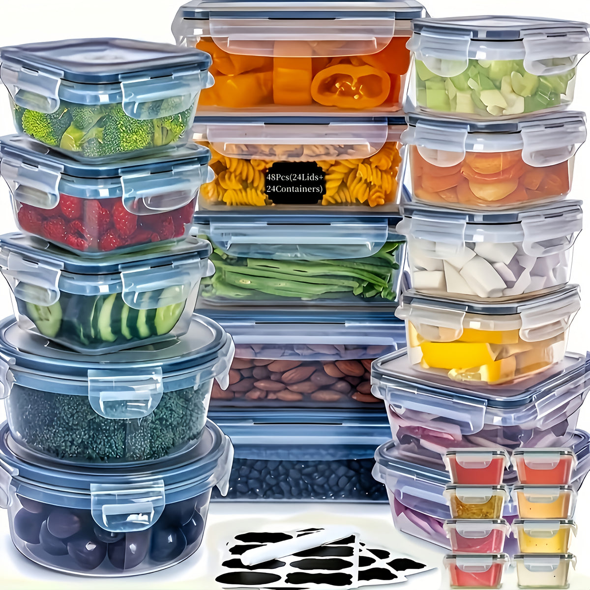24/40/48pcs (12/20/24 Lids + 12/20/24 Box) Food Storage Container, Fresh-Keeping Boxes, Easy-To-Secure Lids- Airtight Plastic Containers for Food, Suitable for Pantry, Travel, Outdoor Picnics, Kitchen Organization Additions, with Labels Marke