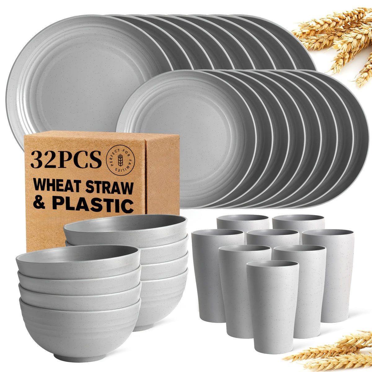 32/16pcs Wheat Straw Tableware Set, Round Plates, Dessert Plates, Bowls And Cups, Unbreakable Plates And Bowls Set, Service for 8/4, Dishwasher Safe, Durable And Lightweight And Easy-Clean for Kitchens, Rvs, Camping, And Outdoor Use