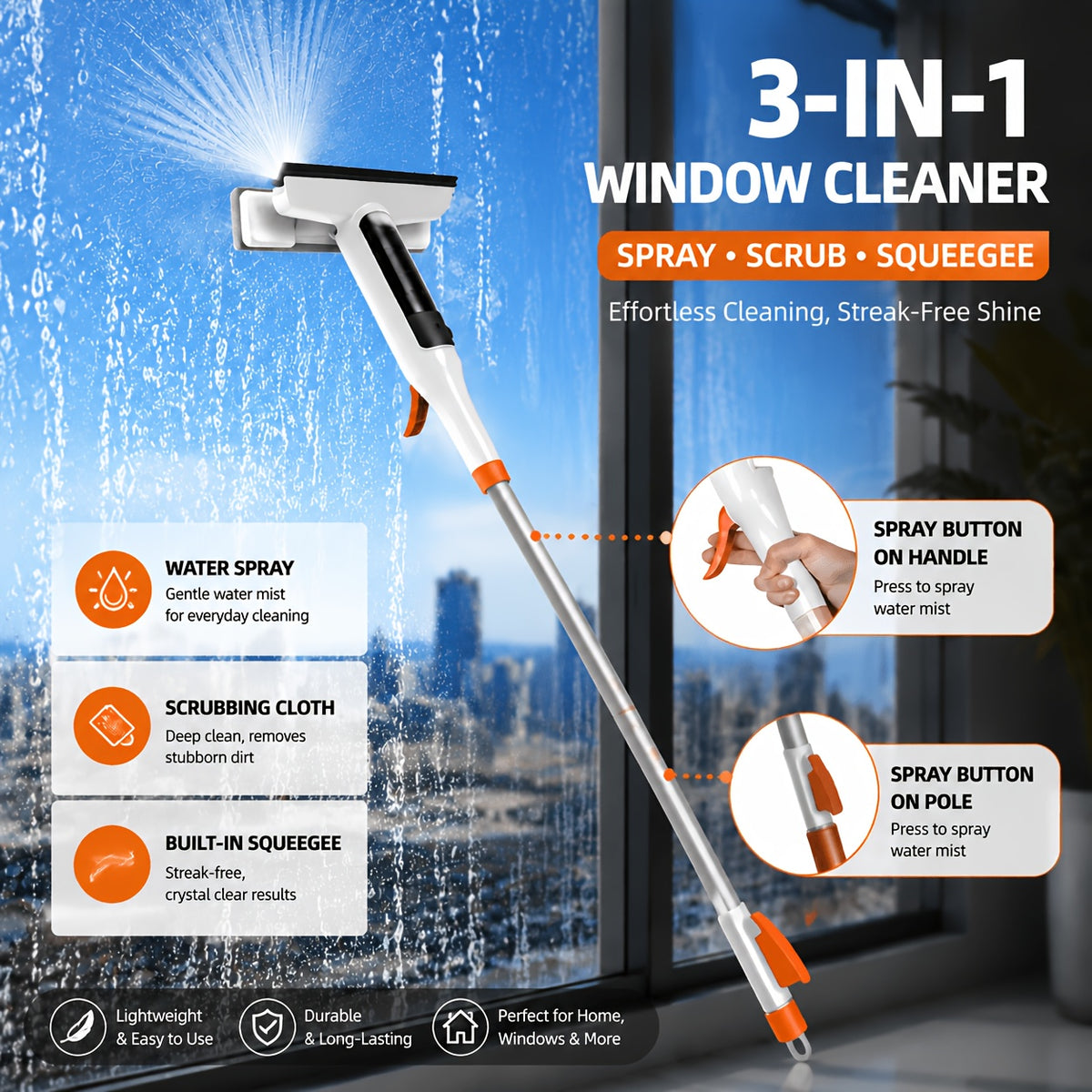 [3-in-1 Glass Cleaning] 3-in-1 Glass Cleaning Kit - Durable Metal Pole, Scraper Included - Ideal for High Windows, Shower Doors & Car Windshields - Essential Home Cleaning Tool