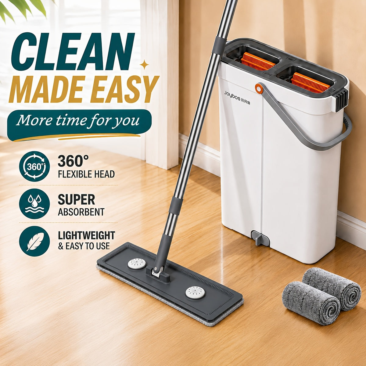 Microfiber Flat Mop and Bucket Set with Wringer, Slim Storage Bucket and Swivel Head with 2 or 4 Washable Pads for Floor and Window Cleaning