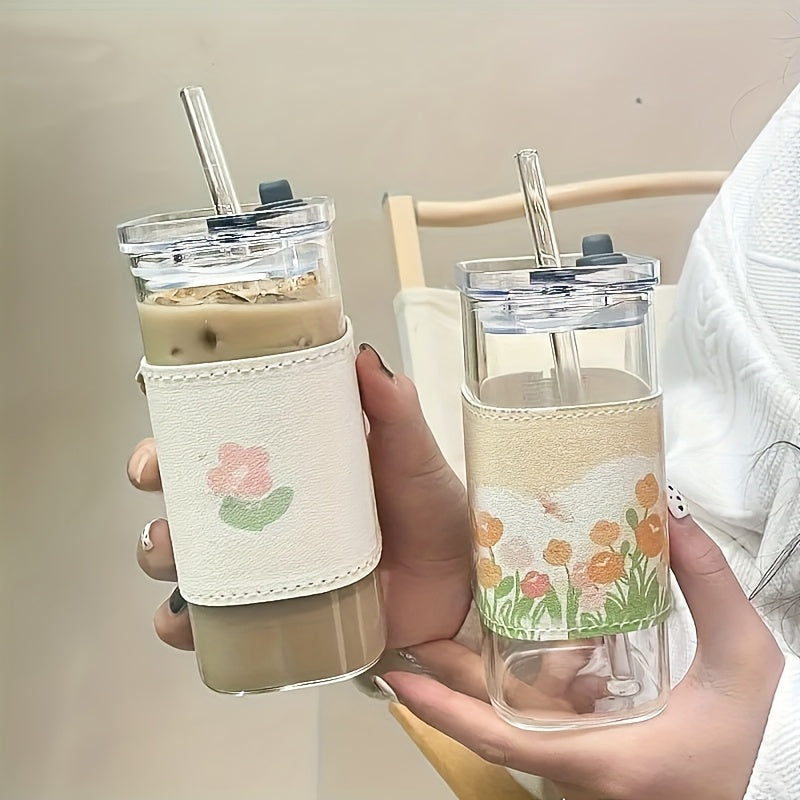 4/6/8pcs Square Glass Cups with Lids, 13oz, Perfect Coffee Cups, Include Straws, Gift for Cup Collectors, Great for Office, Home, School, And Outdoor Use, Weddings, BPA-Free, Comes with Cleaning Brush Tool