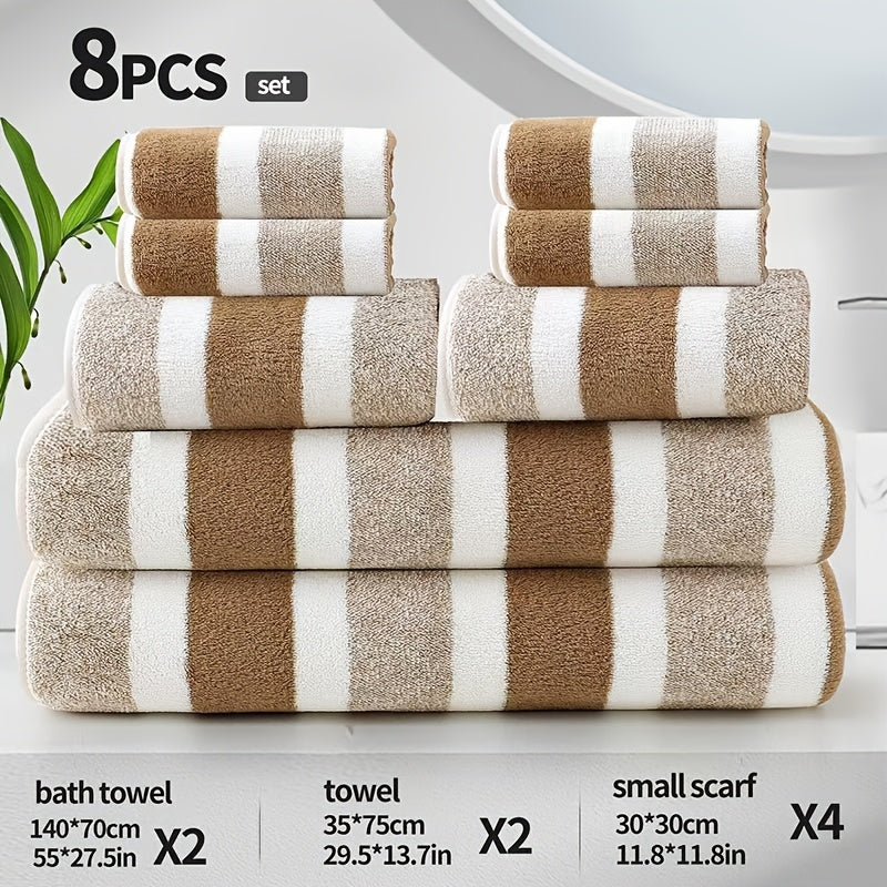 8pcs Set, No Hair Loss, Super Absorbent, Super Soft Two-Color Striped Interval Bath Towel Combination, Including 2 Large Bath Towels, 2 Large Face Towels, 4 Hand Towels