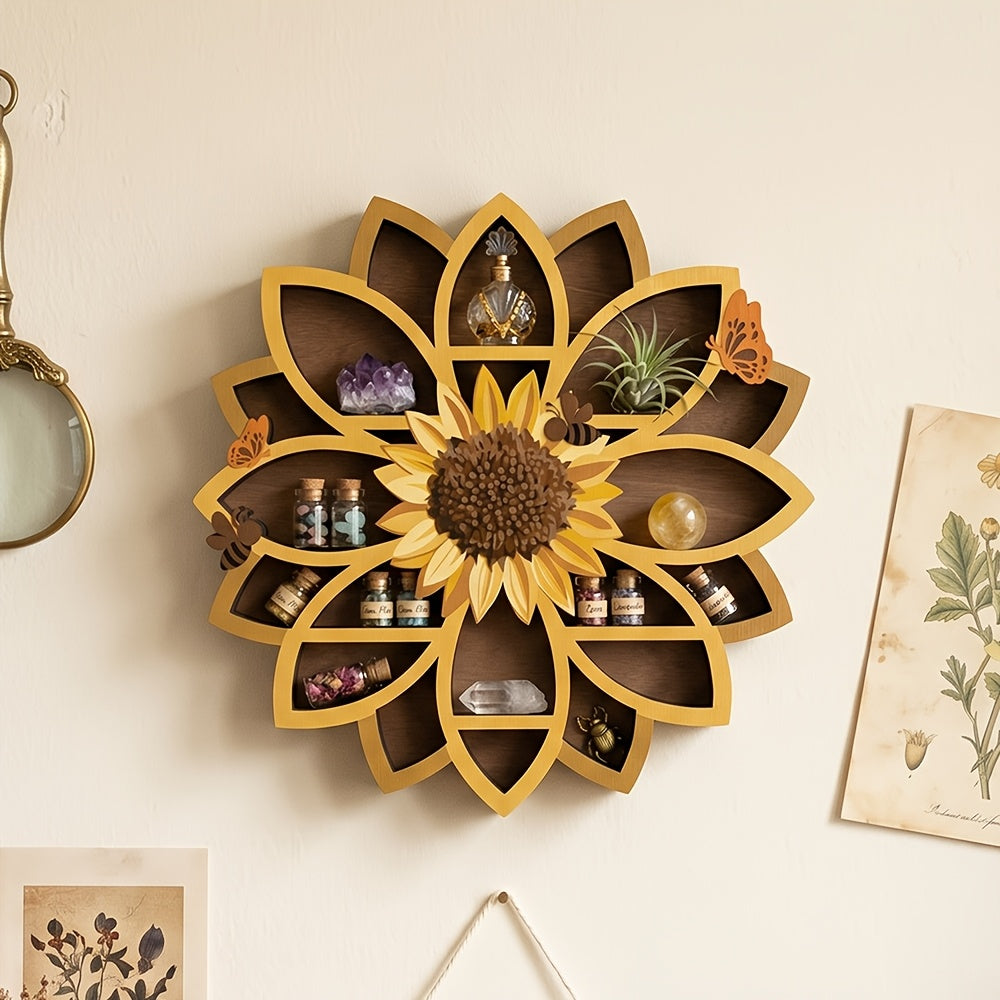 FNYDOXGI 1pc Wooden Sunflower Floating Shelves Wall-Mounted Organizer - UV Printed Spiritual Decor with Gemstones, Essential Oils & Meditation Art, Multi-Functional Storage for Living Room, Meditation Space, Meditation Room Decor, Vibrant Wall Art