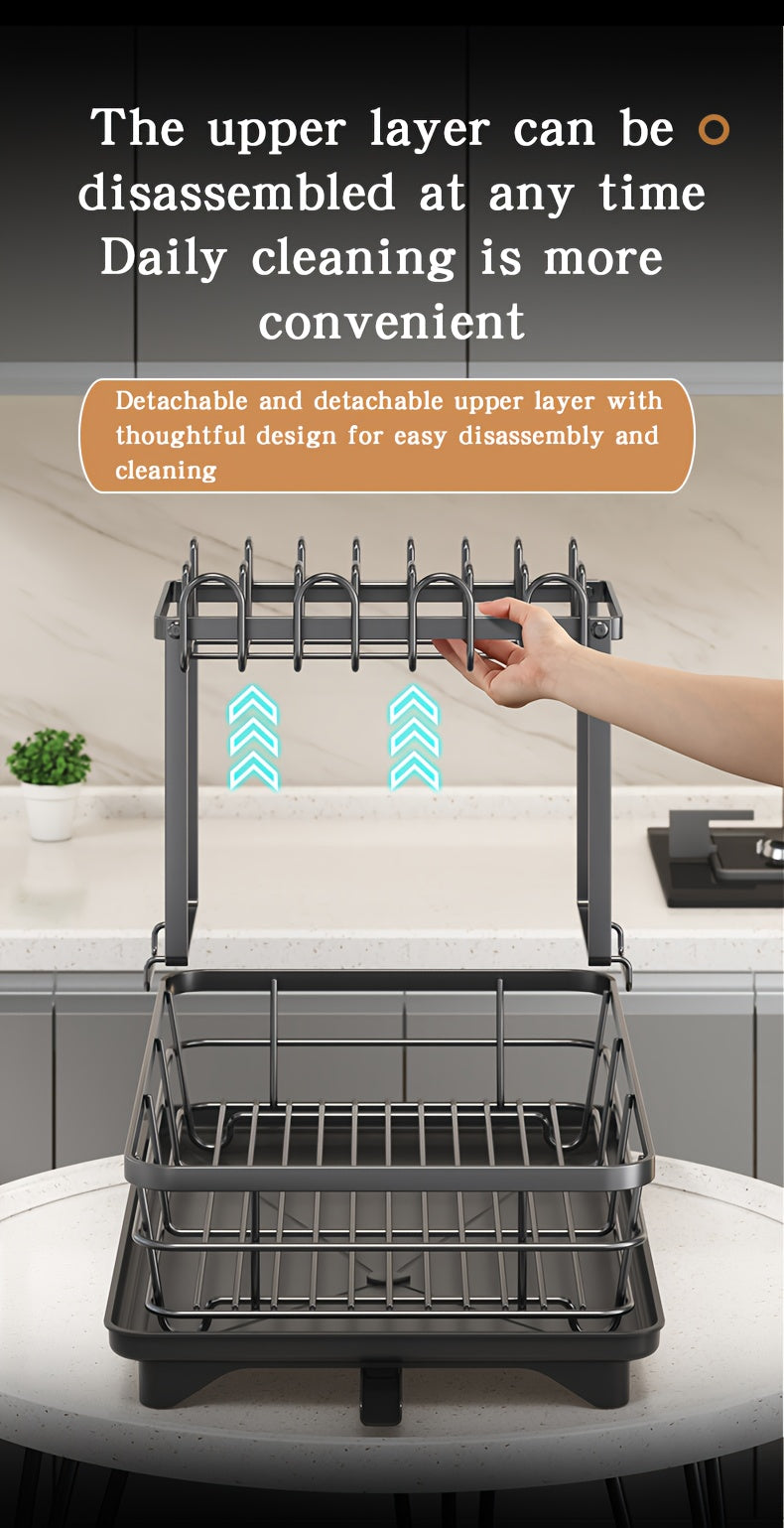2-Tier Metal Dish Drying Rack, Suitable for Types of Countertops. Space-saving and Durable, Comes with Cutlery Holder, Cup Holder, and Rust-proof Drip Tray. Helps Your Kitchen Neat and Organized.