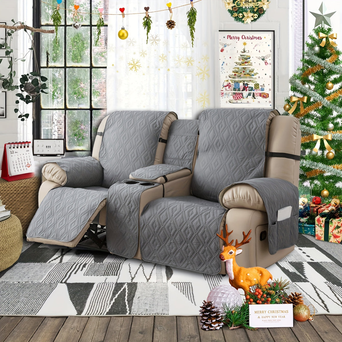 4pcs/set Loveseat Recliner Cover with CenterConsole|100% Waterproof Pet Coverfor Dual Recliner with Straps Design|Split Reclining Loveseat Cover Furniture Pet Protector, Valentine's Day Home Decorations
