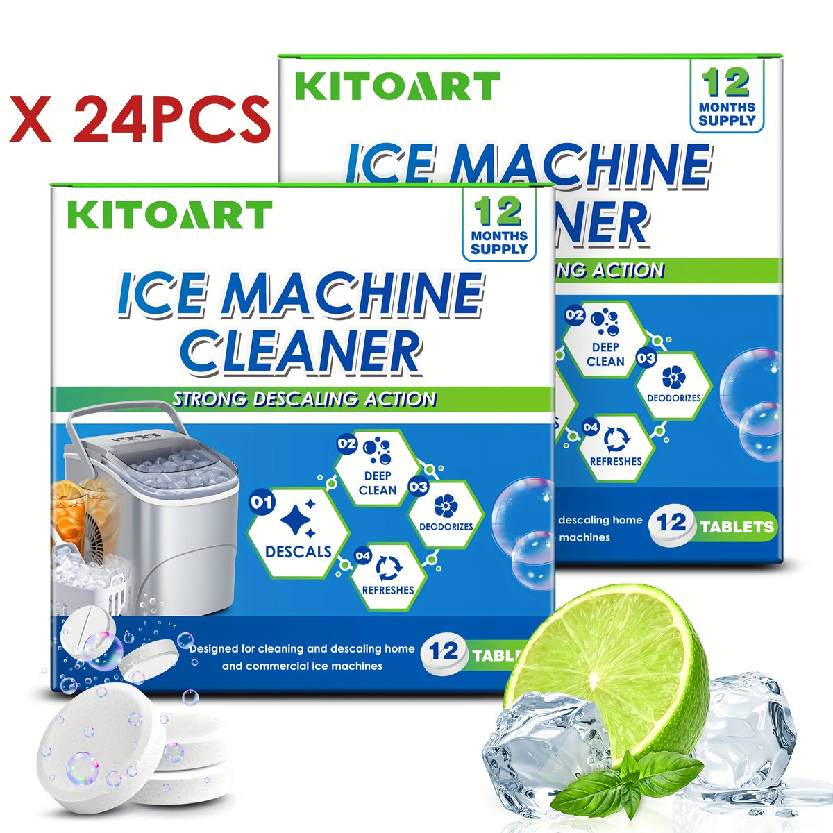 12 Ice Maker Cleaning Tablets - Gentle Formula for Deep Cleaning, Deodorizing & Scaling, Safe & Non-Toxic, No Residue, Sodium Chloride Formula, Compatible with All Ice Machines, 12pcs/24pcs/36pcs Three Specifications Are Available