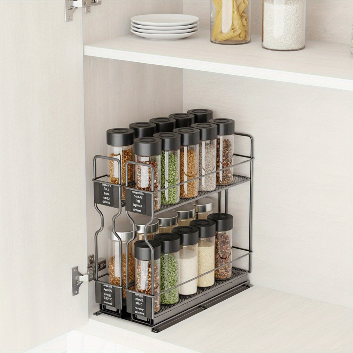 2-Tier Spice Rack Organizer For Cabinets, Heavy Duty Slide Out Design With Labels, 5.2" W X 10.75" D X 10" H, No Jars