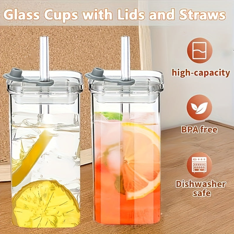 4 Packs/6 Packs, Glass Water Cup, High Borosilicate Glass with Lid And Straw, Women's Korean Square Lid, Transparent, Simple Flat Bottom, Heated Household Coffee Cup, Juice Cup