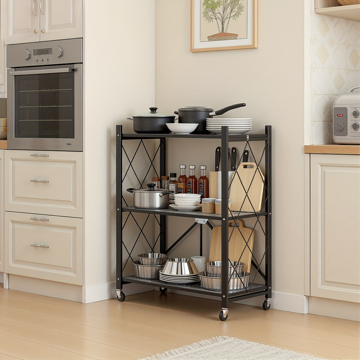 3/4/5-Tier Portable Multifunctional Storage Rack, Floor-Standing Storage Rack with Lockable Wheels, Space-Saving, No Assembly, Foldable Storage Shelf with Durable Carbon Steel Frame for Bedroom, Balcony, Garden, Standing Shelf