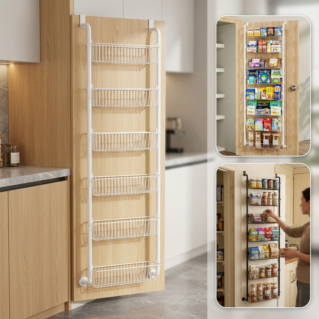 Metal Over Door Pantry Rack, 6 or 8 Tier Hanging Storage Organizer in Black or White for Spices, Packaged Foods, Bathroom Essentials and Laundry Supplies