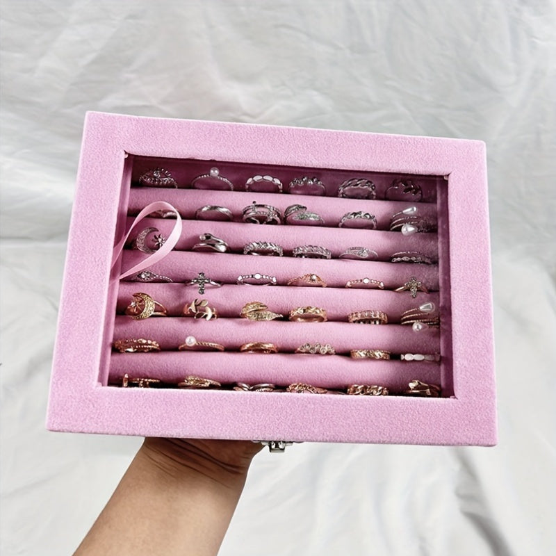 49-Ring Capacity Glass-Like Plastic Jewelry Box with Locking Lid - Large Rectangular Ring & Earring Storage Case for,, Dresser Organizer - Waterproof & Anti-Tarnish, 4 Colors (Black, White, Brown, Beige) - Holiday Gift, Jewelry Boxes