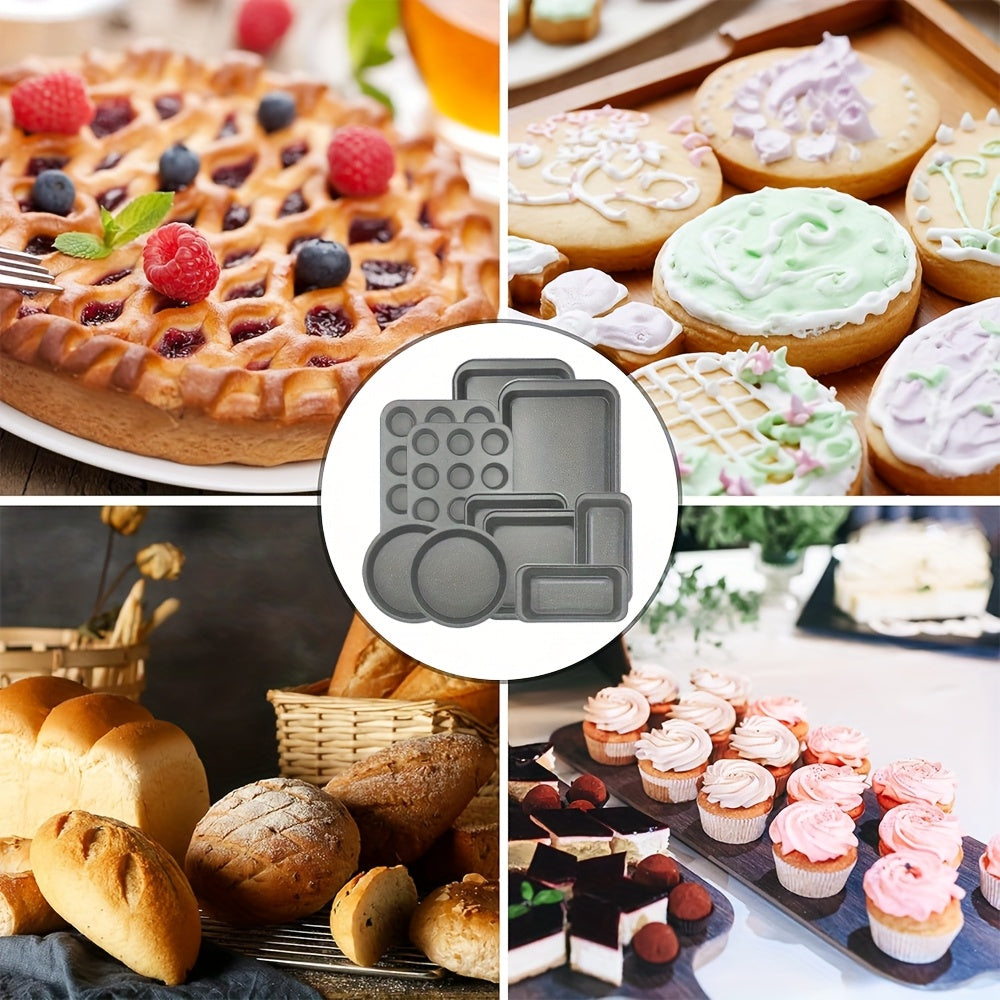 2/6/7/8/12/16/18pcs Nonstick Baking Pans Set Kitchen Baking Sheets Oven Bakeware Sets Round/Square Cake Pan Muffin Pan, Loaf Pan, Roast Pan, Cookie Sheet Baking Supplies Grey Measuring Spoon Scraper Rack Whisks Bread Bag Muffin Cups Spatulas