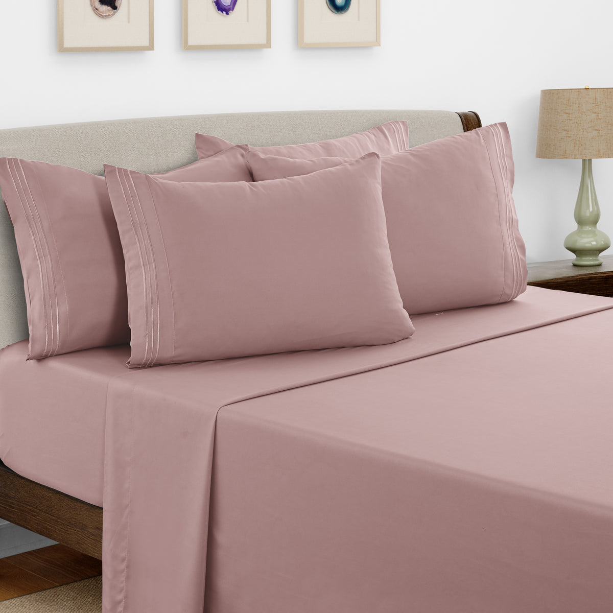 Lux Decor 6 Pieces Solid Bed Sheets Set - Modern Soft Comfortable Bedding Set, Hotel Luxury Skin Friendly Cooling Sheets & Embroidered Pillowcases Without Filler - All Seasons Bed Sheet with 16 Inches deep Pocket, Breathable Skin Friendly & Cooling Sheets