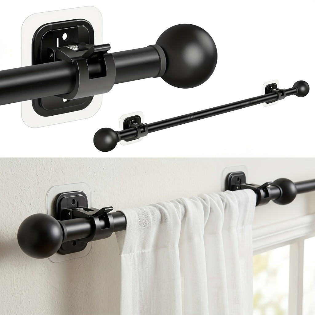 Curtain Rods No Drilling for Windows Set 32 to 48 Inch, 5/8 Inch Diameter Drapey Pole with No Drill Curtain Rod Brackets, Renter Friendly Cortineros Para Ventanas with Adhesive Holder Hook (Black)