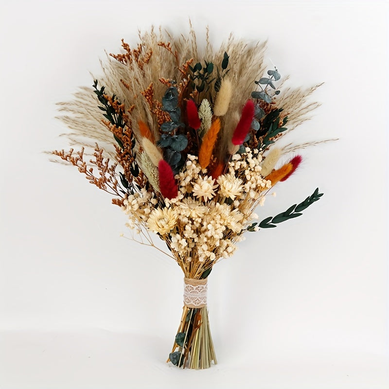 Bohemian Dried Flower Bouquet with Bama Grass, Eucalyptus & Rabbit Tail Plants - Artificial Plastic Flowers in Beige, Brown, White, Red, Green & Golden - Rustic Wedding, Bridal, Valentine'S Day, Halloween, Easter, Thanksgiving Centerpiece - No Maintenance
