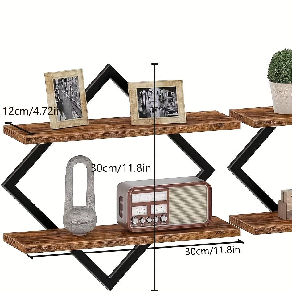 2/4pcs Double Layer Geometric Diamond Wall Floating Shelf Decorative Industrial Hanging Metal Wire Wooden Display Stand, Simple Style Wall Floating Stand, Artistic Style, Suitable for Living Room Kitchen, Floating Shelves