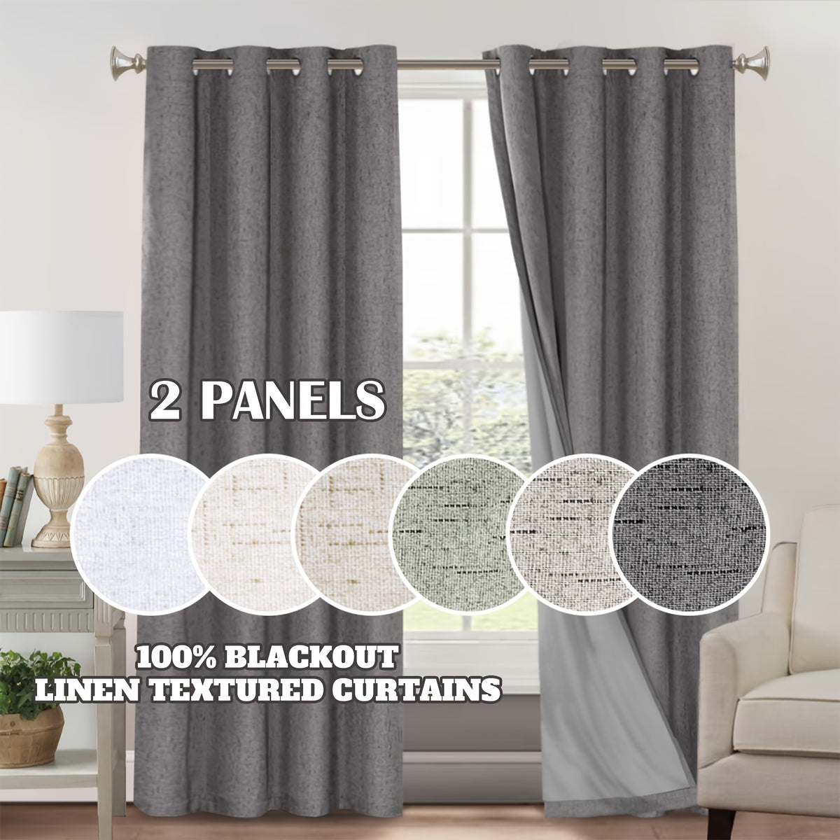 2 Panels 100% Blackout Linen Textured Curtains Thermal Insulated Curtains for Winter Noise Reducing Window Drapes with Grommet for Hall Room Bedroom Living Room PRINCEDECO