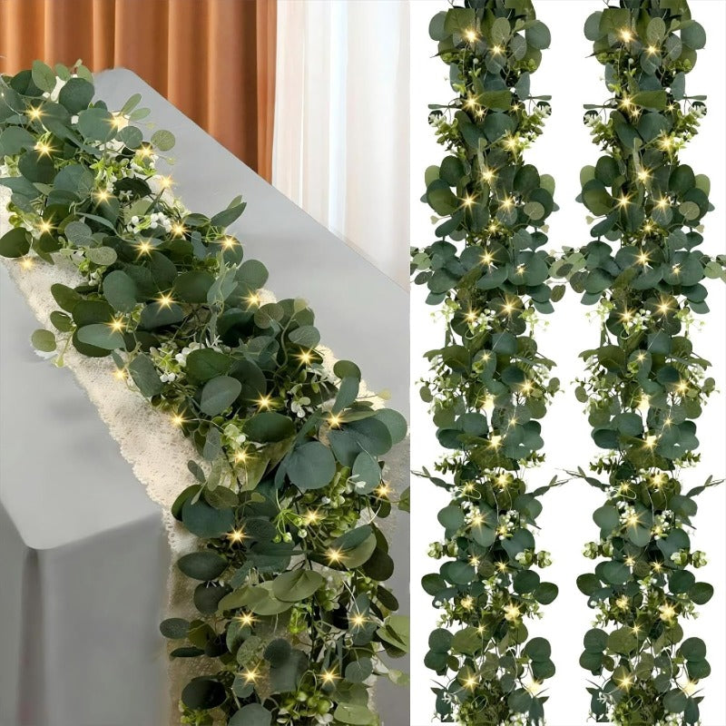 LED Eucalyptus Greenery Vines, 2-Pack Artificial Leaf Garland with Listed 6-Foot Length and Warm Lights for Wedding Tables, Centerpieces and Home Decor