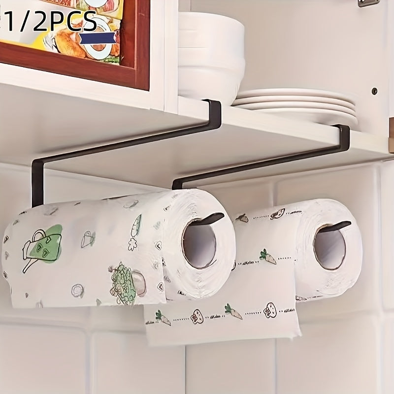1/2pcs Modern Kitchen Tissue Rack, Perforated Wall Hanging Roll Rack, Multi-function Storage Organization, Kitchen Cabinet Hanging Roll Paper Rack Rag Oil-absorbing Paper Plastic Wrap Hanger Kitchen Storage Rack