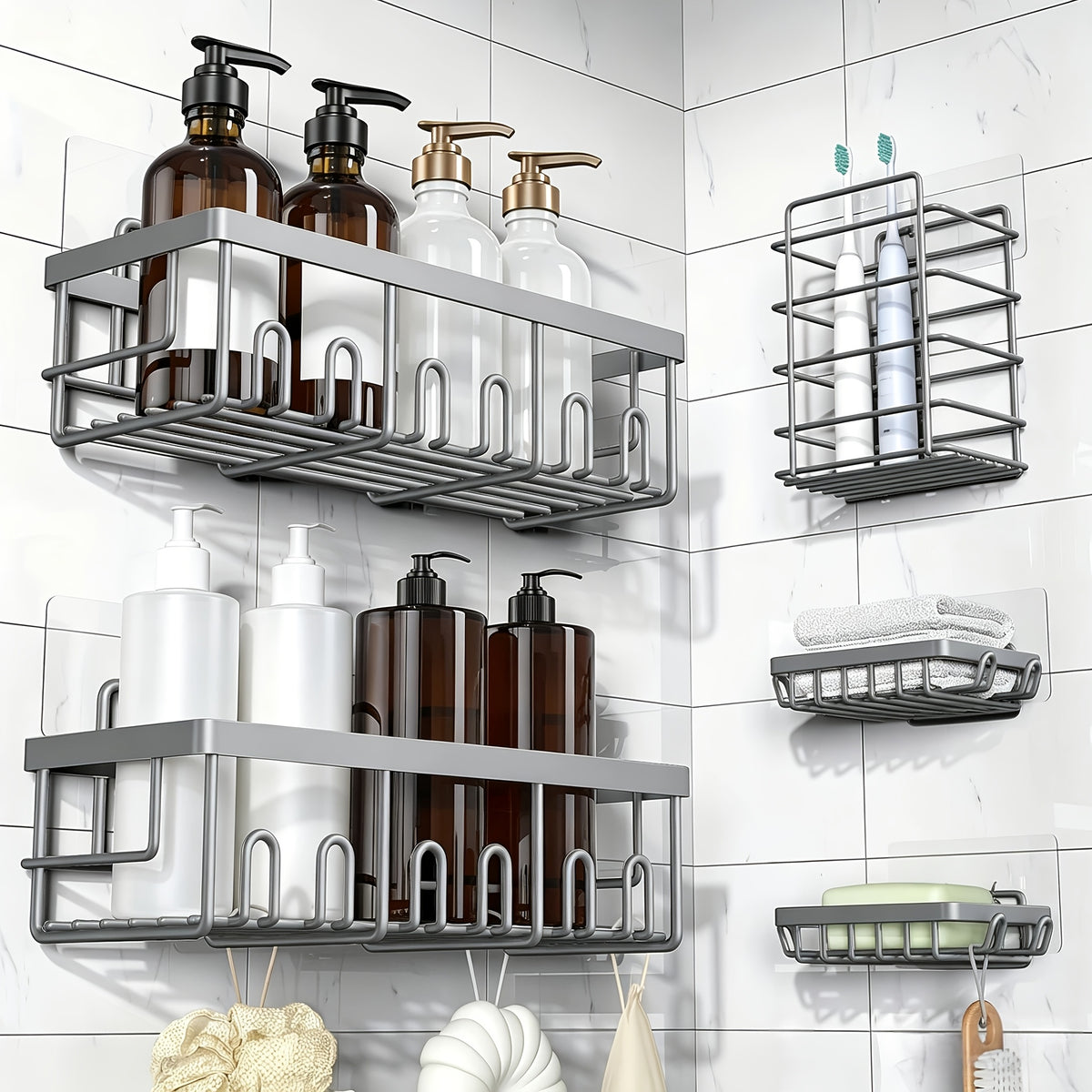 Shower Caddy Organizer, 5-Pack Adhesive Rustproof Stainless Steel Shower Shelves with Soap Holder, No Drilling Shower Storage Rack for Family Renters Bathroom, Random Colors to Choose, Shower Caddies