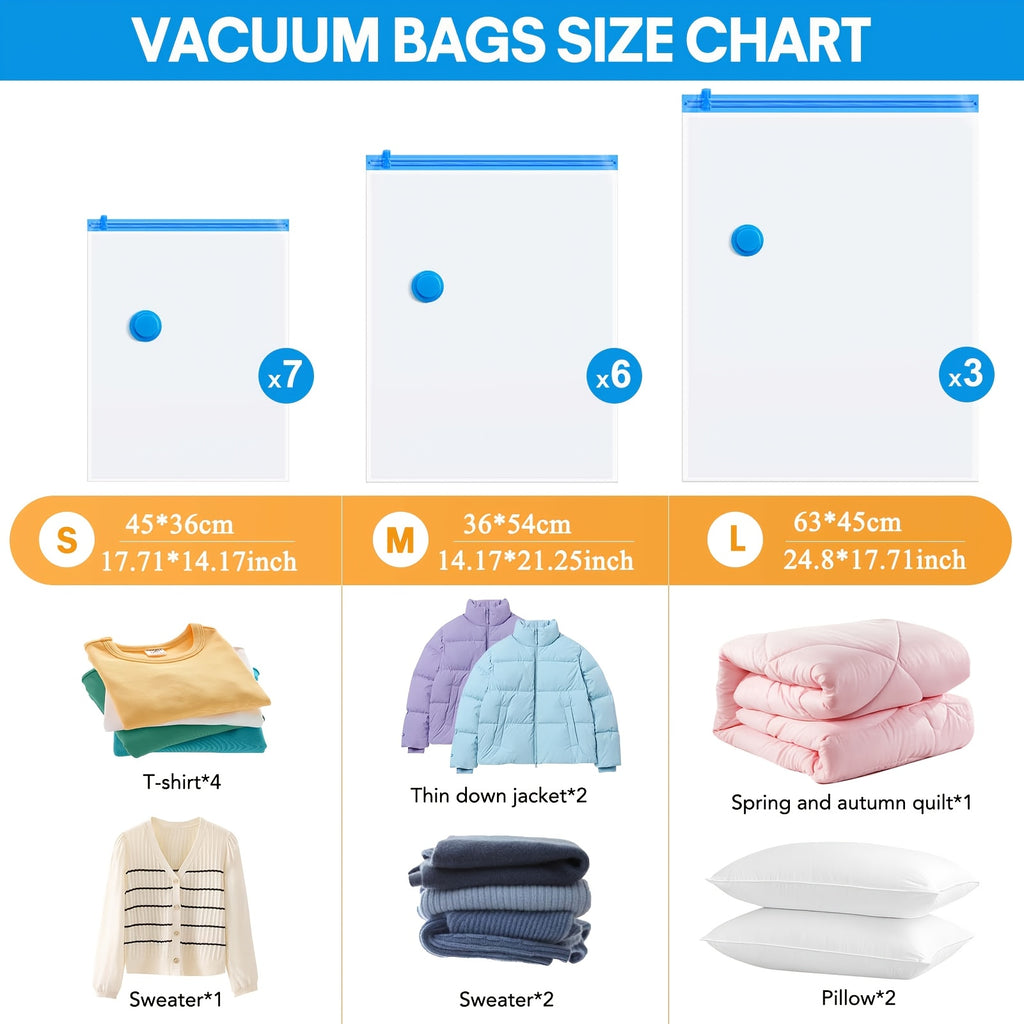 Vacuum Compression Bags with Electric Pump, 16-Pack Clear Blue Storage Set with 7 Small, 6 Medium and 3 Large Bags for Clothes, Bedding and Travel