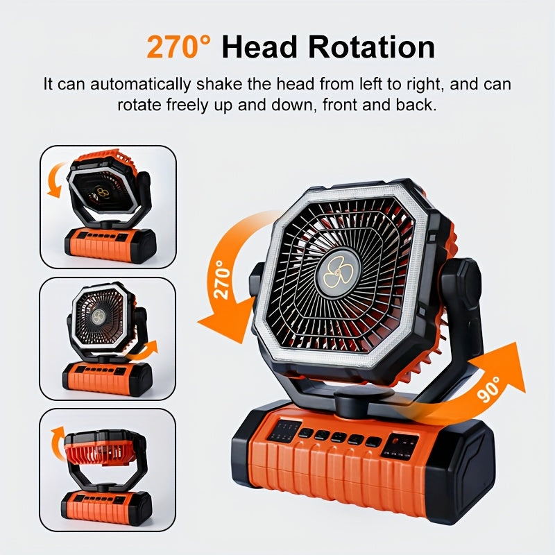 20000Mah Portable LED Camping Fan with Built-In Light, Rechargeable Fan, USB Rechargeable Outdoor Fan for Tents, Hiking, Fishing - Rugged Compact Design, Green And Orange, Hiking Essentials, Sturdy Handle Feature, Camping Additions