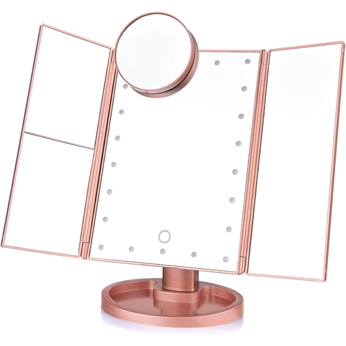 Makeup Mirror with Lights, Tri-Fold LED Vanity Mirror Touch Screen, 1X 2X 3X 10X Magnifying, Adjustable Base, Travel Mirror for Desk, Gift for Women, Rose Golden/Black