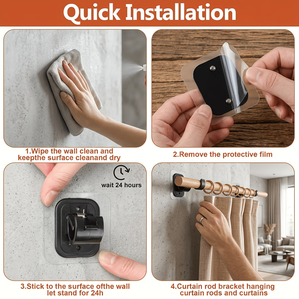Curtain Rods No Drilling for Windows Set 32 to 48 Inch, 5/8 Inch Diameter Drapey Pole with No Drill Curtain Rod Brackets, Renter Friendly Cortineros Para Ventanas with Adhesive Holder Hook (Black)