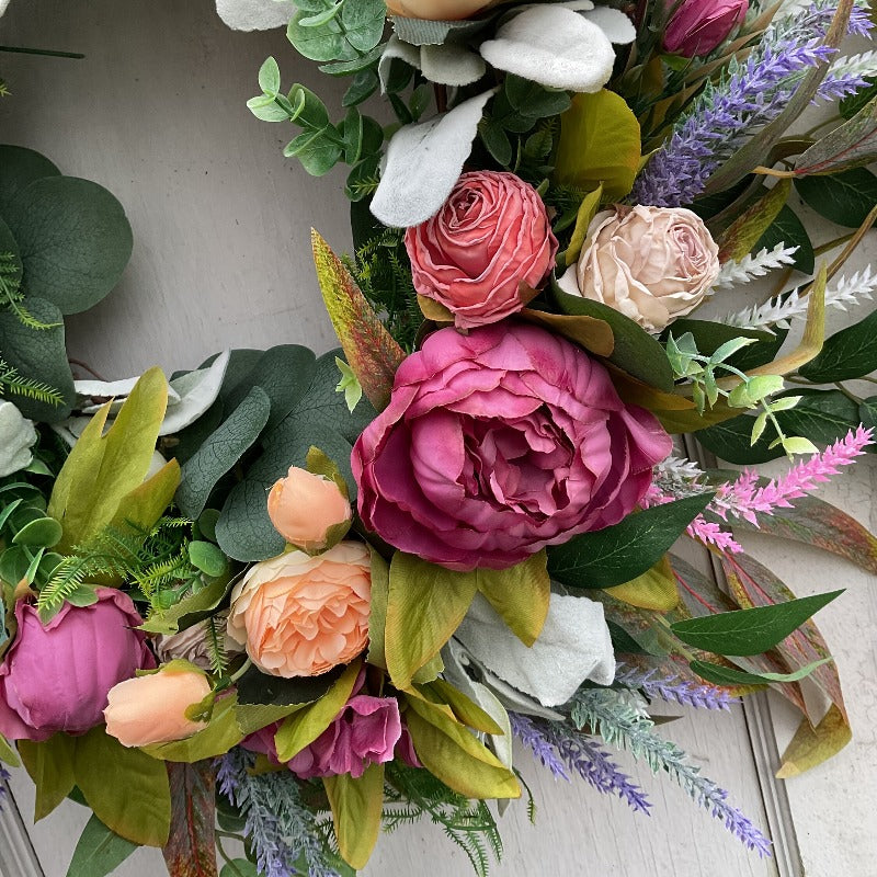 Elegant Peony & Roses Wreath with Pink, Purple, Peach, & Green Foliage - Durable Plastic Farmhouse Door Decoration for Spring Summer Home Decor, Contemporary Floral Wreath with Lush Foliage & Pastel Hues, Easy to Install with Adhesive/Screws, All-Season I