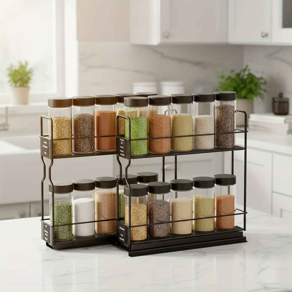 2-Tier Spice Rack Organizer For Cabinets, Heavy Duty Slide Out Design With Labels, 5.2" W X 10.75" D X 10" H, No Jars