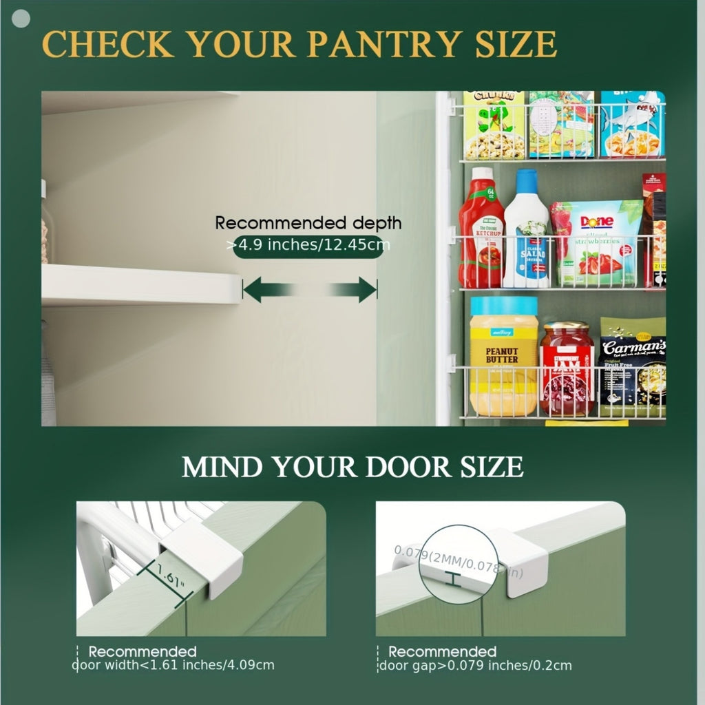Pantry Door Storage Organizer, 6 or 8 Tier Metal Basket Rack in Black or White for Spices, Snacks, Kitchen Essentials, Laundry and Bathroom Supplies