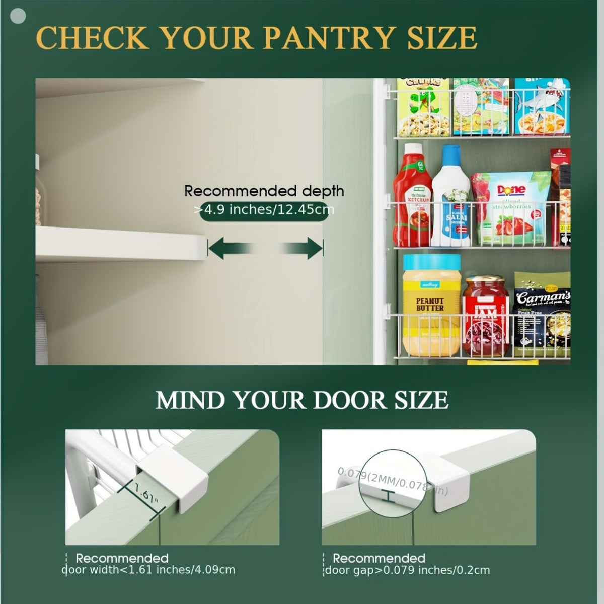 Pantry Door Storage Organizer, 6 or 8 Tier Metal Basket Rack in Black or White for Spices, Snacks, Kitchen Essentials, Laundry and Bathroom Supplies