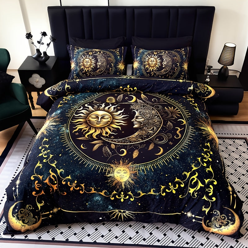 3-Piece Ultra-Soft Breathable Golden Sun Moon Planet Duvet Cover Set (1 Duvet Cover + 2 Pillowcases, Pillow Inserts Not Included), High-Definition Digital Print for Home and Dormitory Use