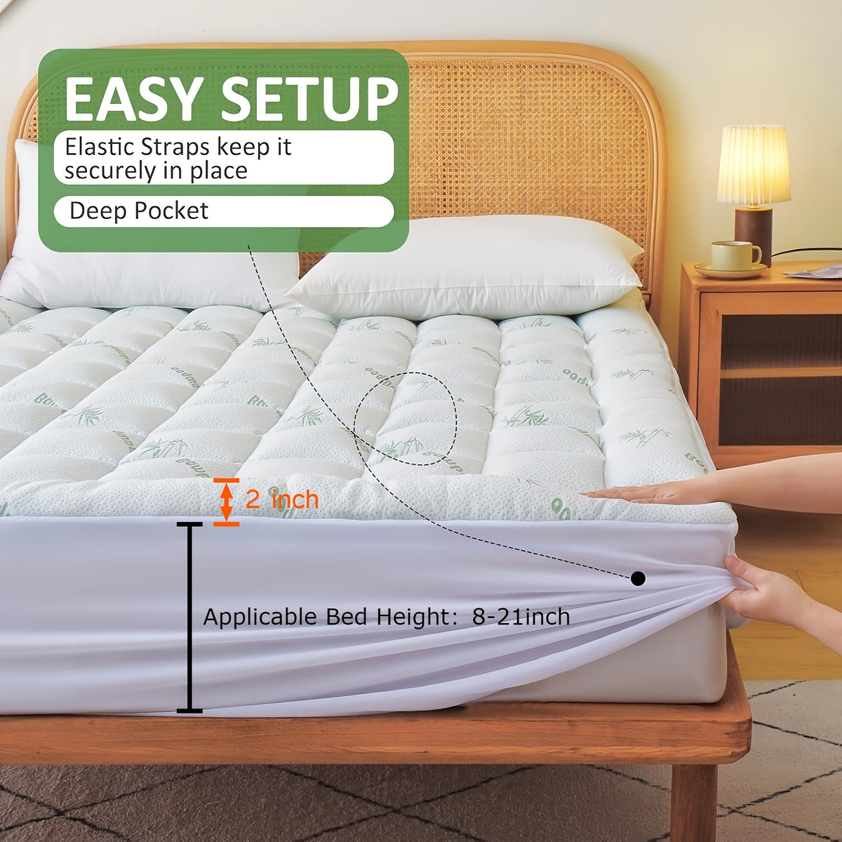 Bamboo Mattress Topper, Breathable Bamboo Fiber & Microfiber Fill, Supportive Bedding Mattress Pad for Home Hotel Dorm with 8-21" Deep Pocket
