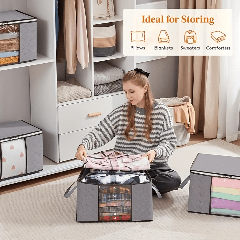 6pcs (Buy 3 Get 3) Extra Large Thick Nylon Gallon Storage Bags with Reinforced Vertical Ribs and Top Handles - Foldable Space-Saving Organizer Bags for Clothes, Bedding,, and Blankets - Durable Gray File Bags (Target Model), Under-Bed Storage