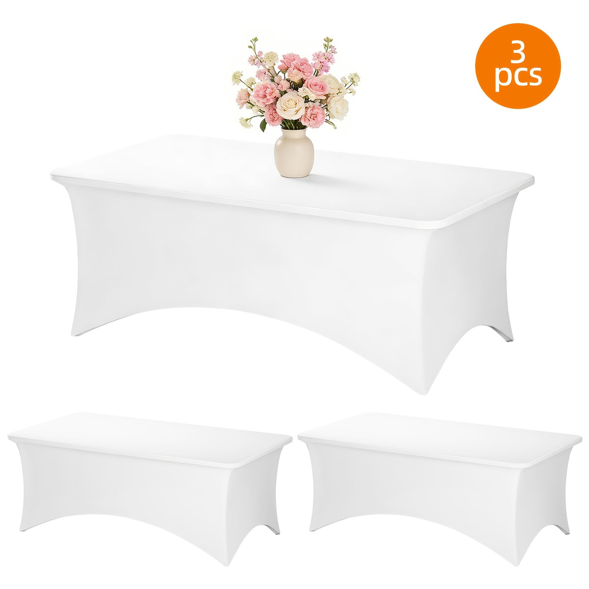 TOMNK 2pcs/3pcs Stretch Spandex Tablecloth, Rectangular, 4ft/6ft/8ft, Black/White, Wrinkle-Resistant Material, Suitable for Wedding Banquets, Trade Shows, Bridal Showers, Graduation Parties, Mother's Day Decorations, Halloween, Christmas