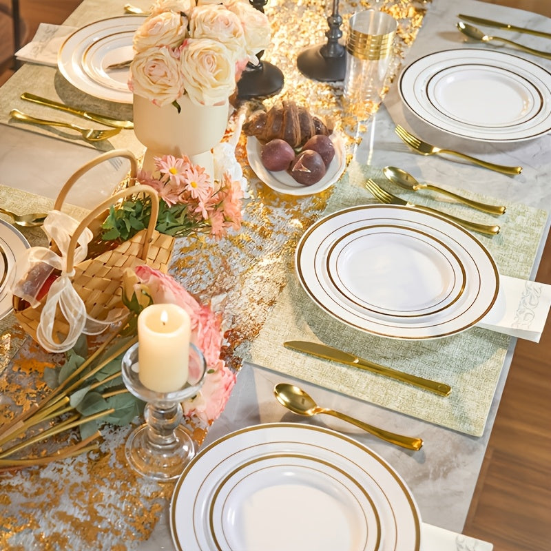 Set of 350/700 Golden/Silver Disposable Plates for 50/100 Guests, Disposable Plastic Plates for Parties, Wedding, Graduation, Birthday, Dinnerware Set of Dinner Plates, Salad Plates, Cutlery, Cups And Napkins
