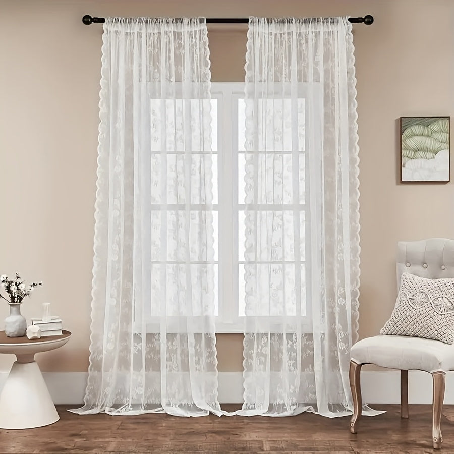 1pc White Lace Door Curtain with Wave Edge, Semi-Sheer Polyester Rod Pocket Curtain for Home And Outdoor Use, Vintage Style with Floral Pattern, Semi-Sheer Curtains | Vintage Curtain Design | Embroidered Detailing
