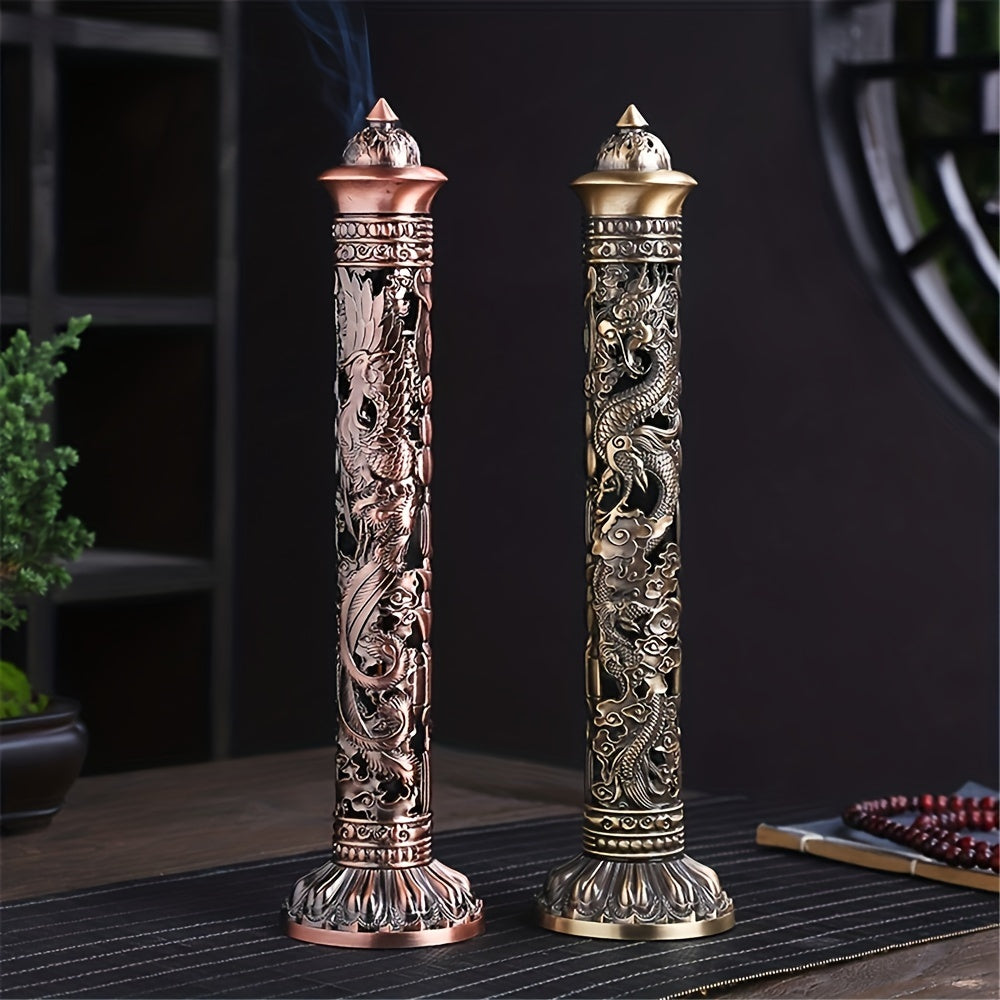 Metal Incense Stick Holder Featuring a Retro Vertical Design, Heart Sutra, Dragon, And Phoenix Motifs, Perfect for Home Or Office Ceremonial Decoration