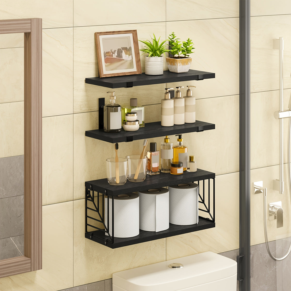 TOMNK 3/4pcs Wall Mounted Floating Storage Rack, Rustic Wood Wall Shelf with Guardrail, Multifunctional Display Unit for Bedroom, Living Room, Bathroom And Kitchen
