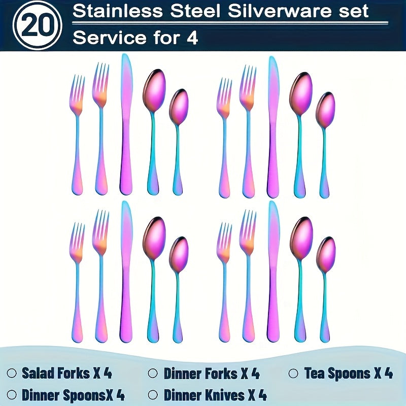 60/20pcs Stainless Steel Rainbow Cutlery Set - Sturdy Commercial Cutlery for Dining Establishments, Weddings & Home Use | Safe for Dishwashers, Rust-Resistant